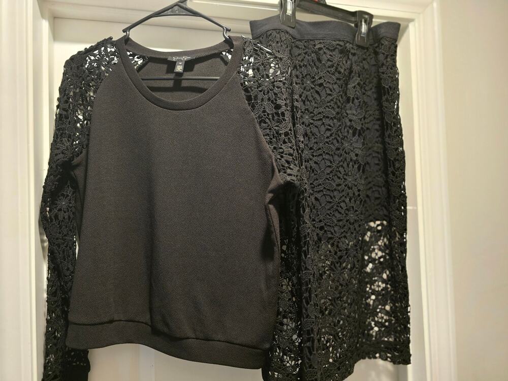 NWT Jessica Simpson Black Waffle Knit & Lace 2-Piece Set Midi Skirt Top Medium